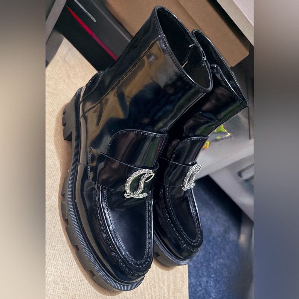 Christian Louboutin Patent Leather Lug Sole Boots – Crystal CL Logo – Size 37